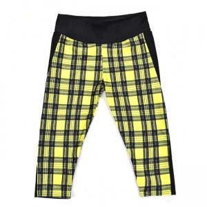 Yellow Grid High Waist With Side Pocket Phone Capri Pants