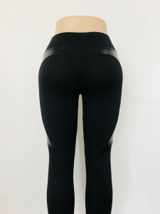 High Waist Black Leggings with Pu Leather Patchwork