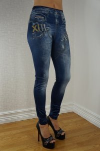 Double Fake Pockets Blue Jeans Print Leggings Gold