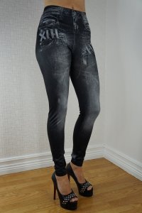 Double Fake Pockets Jeans Print Leggings Black