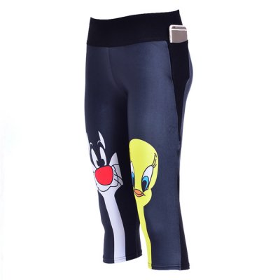 Silly Cat and Tweety High Waist With Side Pocket Phone Capri Pants