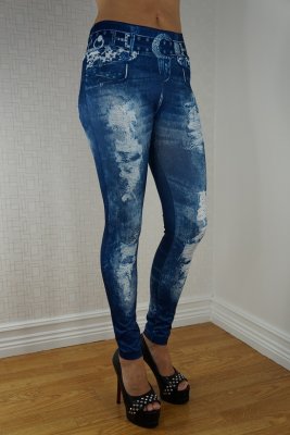 Hole Imitate Belt Blue Jeans Print Leggings