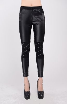 Black Faux Leggings With Rhinestone and Pockets